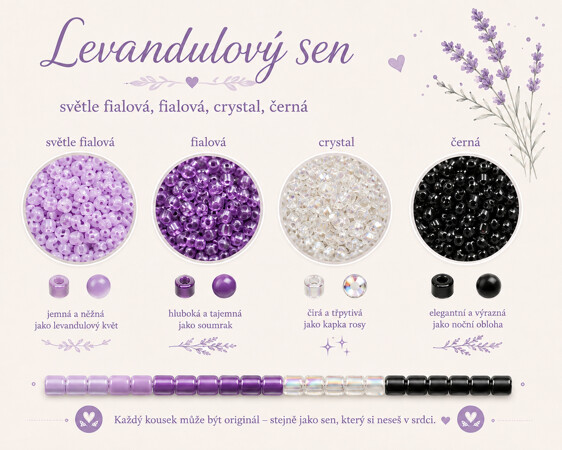 Levandulový sen<br>
světle fialová · fialová · crystal · černá