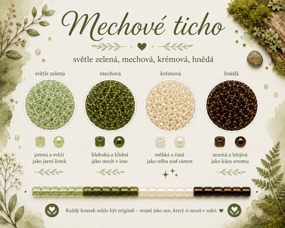 Mechové ticho<br>
světle zelená · mechová · krémová · hnědá
